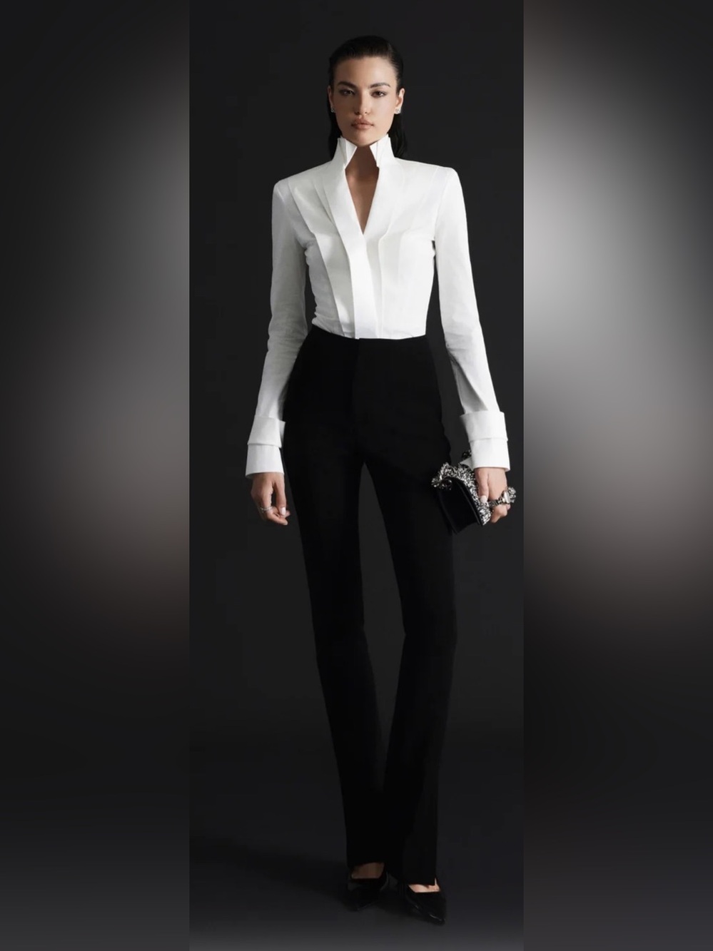 White Sculptural High Collar Fitted Tailored Blouse